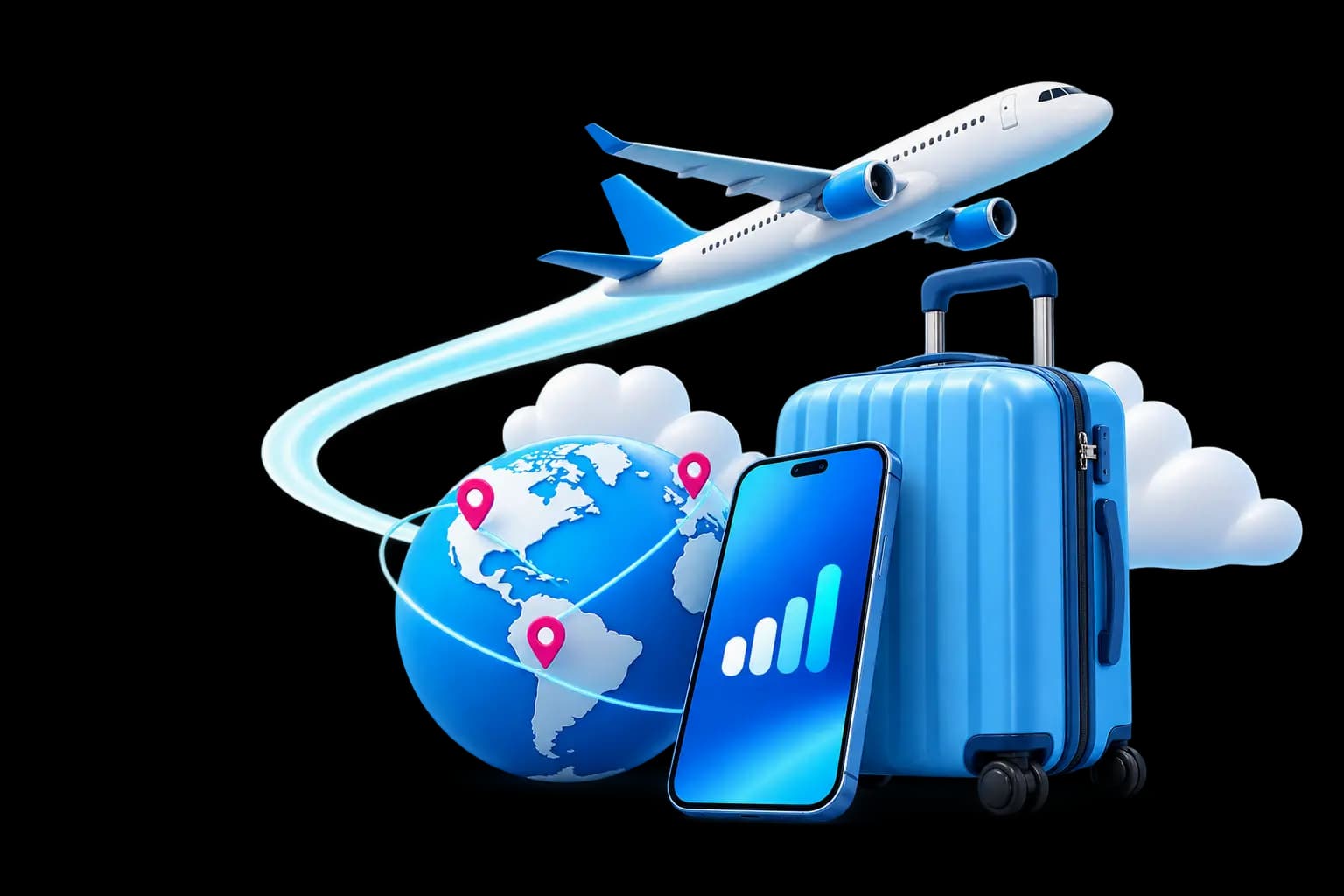 Suitcase, globe, phone and aircraft representing connected travel